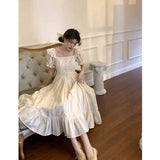 Nukty Elegant Square Collar White Dress Summer Fashion Puff Sleeve Ruffle Dress for Women 2024 Chic Vintage Maxi Dresses