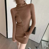 Nukty Women Autumn Turtleneck Thicken Warm Bodycon Dress Long Sleeve Knit Solid Office Pullover Dress For Women Winter