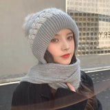 Nukty New Women Winter Warm Beanies Hat Scarf set Breathable Rabbit Hair Blend Knitted Hat Scarf for Women warm lining Caps