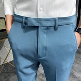 Nukty 2024 Summer Fashion Mens Dark Green Suit Pants Pure Color Business Occupation Slim Fit Dress Office Ankle Trousers