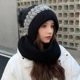 Nukty New Women Winter Warm Beanies Hat Scarf set Breathable Rabbit Hair Blend Knitted Hat Scarf for Women warm lining Caps