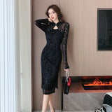 Vintage Sexy Black Lace Long Sleeve Midi Dresses Women Spring Autumn Korean Elegant Fashions Evening Party Female Clothing