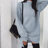 Nukty Fleece High Neck Side Slit Casual Long Sleeve Sweatshirt Short Dress Woman Dress Autumn Winter All-match Simple Basic Sportwear