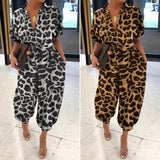 Nukty Leopard Printed Jumpsuit Women Summer New Short Sleeves Leace-up Pocket Casual Jumpsuits Fashion Vintage Ladies Bodysuits