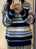 Nukty Contrast Striped Pullover Women's Oversized Chunky Long Sleeve Crew Neck Sweater Knit Jumper Autumn Winter Grunge Fashion