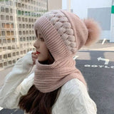 Nukty New Women Winter Warm Beanies Hat Scarf set Breathable Rabbit Hair Blend Knitted Hat Scarf for Women warm lining Caps