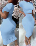 Nukty Two Piece Sets Womens Outifits Summer Fashion Round Neck Short Sleeve Plain Crop Top & Casual Skinny High Waist Skirt Set