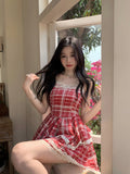 Nukty Kawaii Countryside Style Lace Ruffles Princess Dresses Women Sweet Lolita Plaid Harajuku Fashion Evening Party Mini Dress Summer