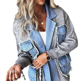 Nukty Raw Hem Cardigan Women Sweaters Patchwork Notched Collar Knitted Denim Jackets Jumpers Pockets Thick Coats Autumn Winter Outwear