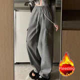 Nukty Autumn Winter Women Pants Elastic Waist Drawstring Large Pocket Trousers Youthful Loose Casual Sports Solid Straight Cargo Pant