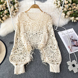 Nukty Bohimian Sweater Women O-neck Lantern Sleeve Tassel Female Causal Crochet Tops Ladies Knitted Hollow Out Sweaters Dropshipping