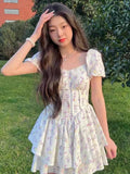 Nukty High Waist Dress Women Summer Floral Sweet Square Collar Puff Sleeve Princess Girlish Tender Elegant Korean Style Preppy Chic