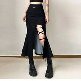 Nukty High Waist Women Mermaid Skirts American Style Designed Bandage Split Midi Skirt Y2K Fashion Streetwear Female Skirts Spring New