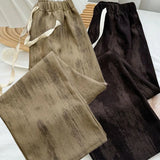 Nukty Women Retro Tie Dye Corduroy Trousers Casual All-Match Straight Leg Pants Elastic High Waist Solid Color Wide Leg Pants Fashion