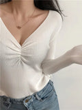 Nukty Sexy V Neck Women Sweater Autumn Knitted Pullover Jumper Chic Soft Korean Slim Long Sleeve Female Basic Top New