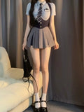 Nukty Autumn College Style JK Uniform Set Slim Shirt with Striped Tie Y2K Girls High Waist A- Line Pleated Skirt Fashion Suit