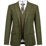 Nukty fashion suits for men 3 Piece Green Woolen Plaid Men Suits Slim Fit Wedding Groom Tuxedo Notch Lapel Business Party Set Costume Homme Jacket Vest Pant