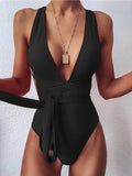 Nukty Sexy Solid One Piece Swimsuit Women Push Up Lace Up Bandage Bodysuit Brazilian Deep V Neck Backless Bathing Suit Swimwear