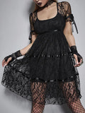 Nukty Lace Mall Gothic Aesthetic Black Women Dresses Grunge See Through Sexy Puff Sleeve Mini Dress A-line Summer Partywear