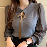 Nukty Women Chiffon Patchwork Sweater Lantern Sleeve Turn-down Collar Pullover Office Lady Sweater For Women Autumn
