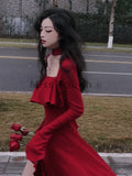 Nukty Autumn Red Vintage Elegant Dress Women Flare Sleeve Designer Sweet Long Dress Female Ruffles Retro Princess Irregular Dress