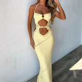 Nukty Chic Women's Sleeveless Knit Long Dress Summer Spring Solid Color Halter Front Cutout Back Tie-Up Slim Maxi Dress Party