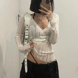 Nukty Coquett Y2K Women's Knit Sweater Hollow Out Knitwear V Neck Pullovers Spring See Through Jumper Harajuku Fashion Grunge