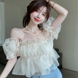 Nukty Short Puff Mesh Sleeves Women's Off shoulder Chiffon Top Lace Sweet Square Neck Sexy Sweet Spring Summer Casual Streetwear