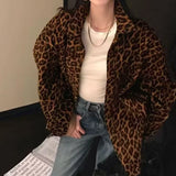 Nukty Autumn Winter Women's Chic Leopard Shirt Jacket Sexy Elegant Loose Blouses Retro Top Streetwear Jacket Vintage Lady Casual Coat