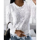 Nukty Women Lace Hollow T Shirt Top Fashion Round Neck Long Sleeve Office Lady Blouses Casual Vintage High Street Boho Tops All Season