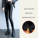 Nukty Autumn Winter Velvet Thick Warm Leather Pants Women Elastic PU High Waist Leggings Black Casual Slimming Fleece Trousers