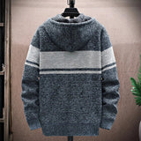 Nukty WINTER OUTFITS Autumn Korean Hooded Men's Sweater with Thick and Velvet Men Cardigan Knitted Sweater Coat Stripe Jacket Male M-4XL