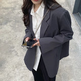 Nukty Korean Style Gray Blazer for Women Spring Autumn Long Sleeve Loose Suit Coat Woman Single Breasted Chic Jackert Female