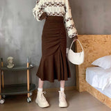 Nukty Fashion High Waist Midi Skirts for Women Spring Slim Fit  Hip Mermaid Skirt Woman Korean Ruffles Brown Skirts 2XL