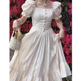 Nukty Elegant Square Collar White Dress Summer Fashion Puff Sleeve Ruffle Dress for Women 2024 Chic Vintage Maxi Dresses