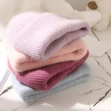 Nukty 21colors Autumn Angola Rabbit Fur Knitted Beanies Winter Skullies Women's Hat Fashion Solid Warm Cashmere Wool Three Fold Thick