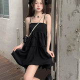 Nukty Fashion All-Match Fluffy Dress Women Korean Waist-Tight Spaghetti Strap Agaric Edge Black Dresses Woman Summer Prom Gown