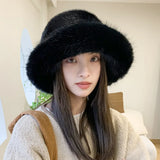 Nukty Winter Hat for Women Faux Fur Fluffy Bucket Hat for Women Luxury Plush Hat Thicken Snow Oversized Fur Bucket Hat Soft Panama Cap