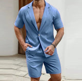 Nukty 2024 American Style New Men's Stylish Sets Solid Short Sleeved Blazer Shorts Leisure Streetwear Male Suit 2 Pieces S-5XL