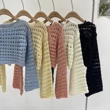 Nukty Long Sleeve Crochet Knit Top Summer Beach Bikini Cover Up Crop Pullover Wool Knitwear Blouse Women Vacation Boho Outfit