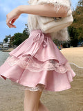 Nukty Black Patchwork Lace Short Women Cake Skirt With Lace Up High Waist Preppy Style Cute Ball Gown Kawaii Skirts Girls