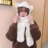 Nukty Cute Bear Ear Hat Scarf Set Kawaii Women Winter Beanies Caps Warm Casual Plush Hat Casual Female Keep Wammer Anime Gift