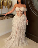 Beautiful Ruffles Chffion Party Feather Maxi Dress Elegant Sheer Mesh Corset Long Party Dress Gowns Birthday Outfits