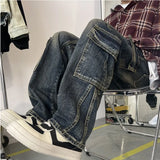 Nukty Men's Patchwork Blue Cargo Jeans Unisex Straight Casual Trousers Men Muti-pockets Hip Hop Streetwear 90s Vintage Fashion Pants