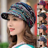 Nukty Women Hat Short Brim Warm Foldable Earflap Women Cap Ethnic Style Floral Print Autumn Winter Hat Daily Clothing Turban Visor