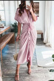 Nukty Women Summer Elegant Button Ruched Bandage Shirt Dress Fashion Casual Short Sleeve Solid V Neck Beach Maxi Dress