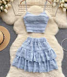 Nukty Sweet Ruched Two Pieces Sets V Neck Strap Crop Tops+Short Pleated Skirt Women Korean Style Chic Summer Beachwear Suits