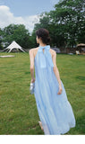 Nukty Summer Beach Holiday Midi Dress French Neck-mounted Sleeveless Bow Female Clothing Loose Casual A-line Blue Princess Dress