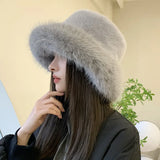 Nukty Winter Hat for Women Faux Fur Fluffy Bucket Hat for Women Luxury Plush Hat Thicken Snow Oversized Fur Bucket Hat Soft Panama Cap