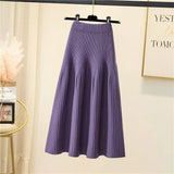 Nukty Women Autumn Winter Loose A-Line Midi Skirt Casual Elegant Office Lady Skirt Trendy All-Match Basic Skirt Solid Pleat Knit Skirt